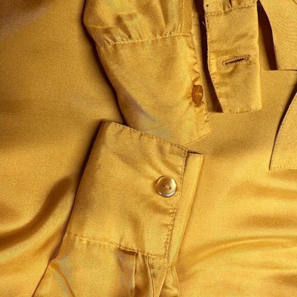 Vintage Mustard Silk Button Front Shirt Bow Details Daniel Caron Size S Small - Picture 8 of 9